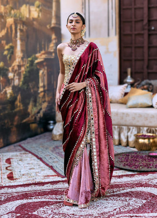 Maroon and peach tulika sari and corset