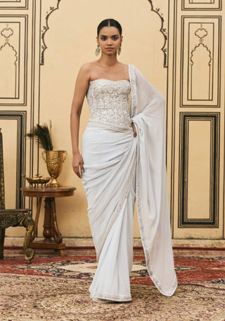 Powder blue threadwork organza sari set