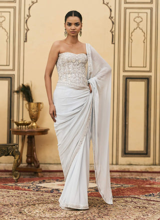 Powder blue threadwork organza sari set
