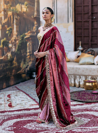Maroon and peach tulika sari and corset