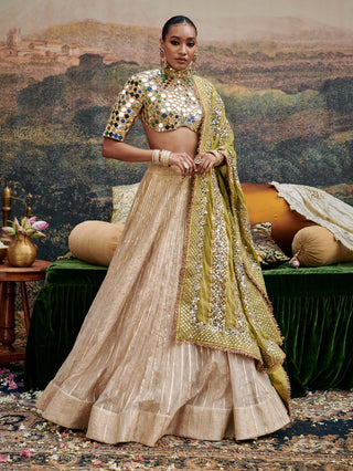 Sheesh Saanjh Gold Lehenga Set by Itrh available on Indiaspopup.com