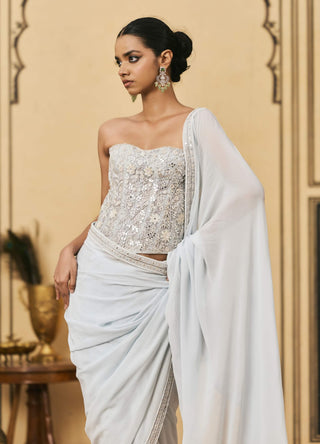 Powder blue threadwork organza sari set