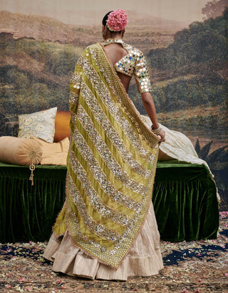 Sheesh Saanjh Gold Lehenga Set by Itrh available on Indiaspopup.com