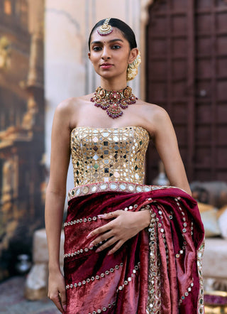 Maroon and peach tulika sari and corset
