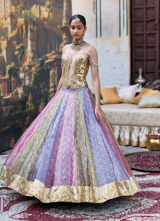 Pink and lilac corset and lehenga set