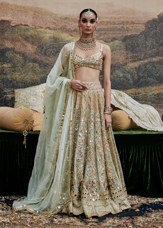 Noor Jahan Mint Green Lehenga Set by Itrh available on Indiaspopup.com