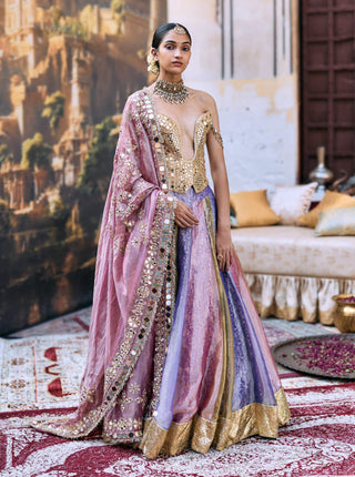 Pink and lilac corset and lehenga set