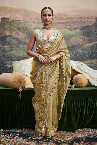 Gaja Rachna Olive Sari And Blouse by Itrh available on Indiaspopup.com