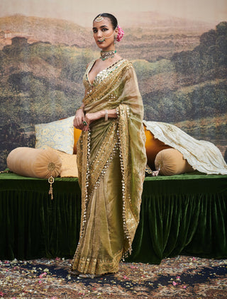 Gaja Rachna Olive Sari And Blouse by Itrh available on Indiaspopup.com