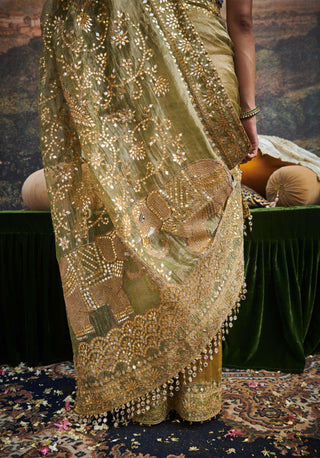 Gaja Rachna Olive Sari And Blouse by Itrh available on Indiaspopup.com