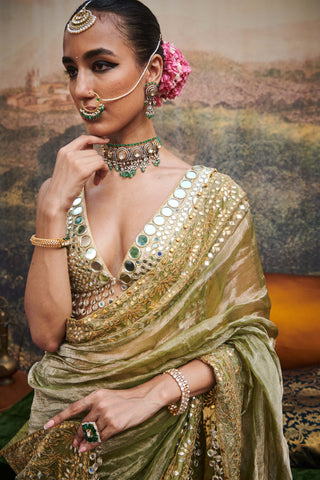 Gaja Rachna Olive Sari And Blouse by Itrh available on Indiaspopup.com