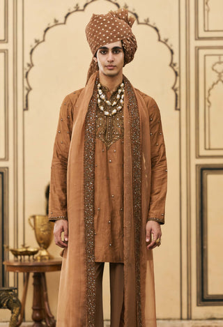 Mustard brown tussar ambi motif kurta set