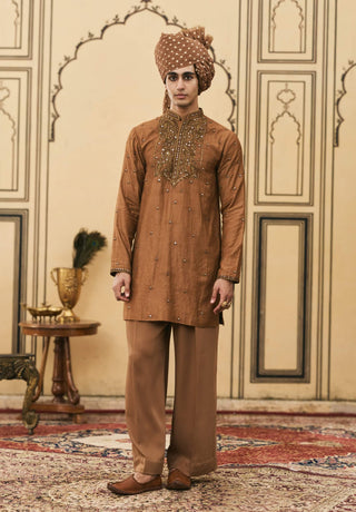 Mustard brown tussar ambi motif kurta set