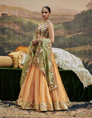 Ina Sheesh Orange Lehenga Set by Itrh available on Indiaspopup.com