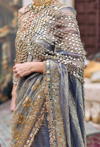 Gray jaalika sari, bralette and mirror harness