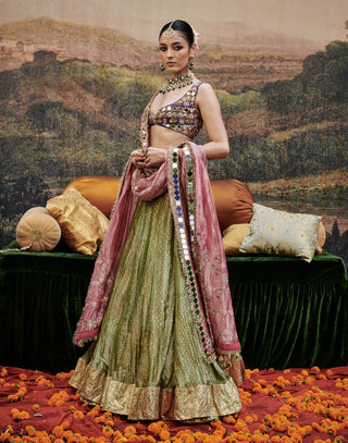 Azal Sheesh Green Lehenga Set by Itrh available on Indiaspopup.com