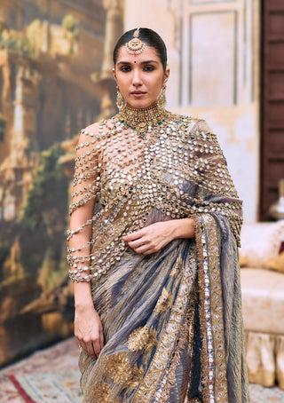 Gray jaalika sari, bralette and mirror harness