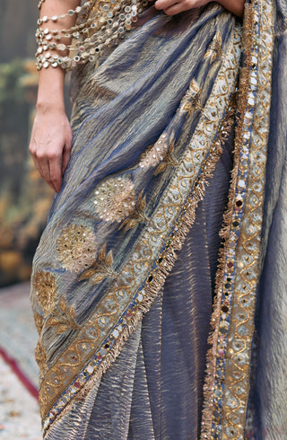 Gray jaalika sari, bralette and mirror harness