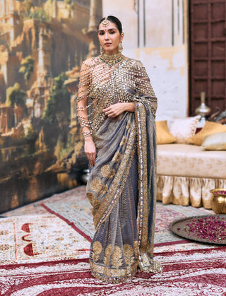 Gray jaalika sari, bralette and mirror harness