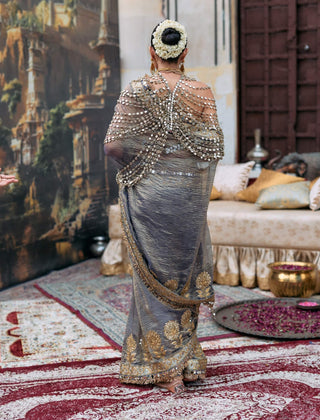 Gray jaalika sari, bralette and mirror harness