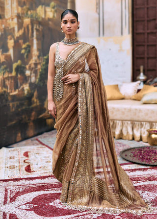 Brown manjusha sari and bra top
