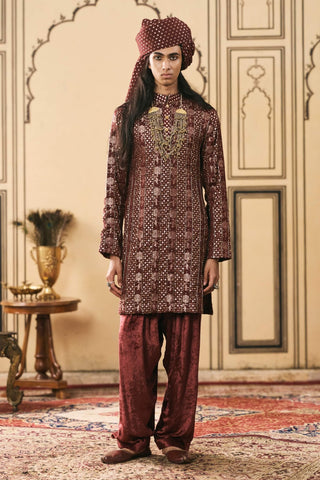 Maroon brocade velvet kurta set