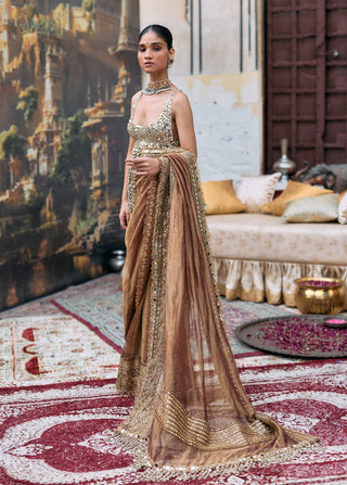 Brown manjusha sari and bra top