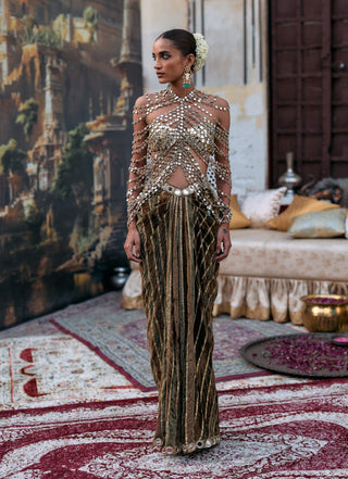 Olive and brown ratnangi skirt and bralette set