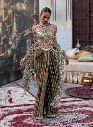 Olive and brown ratnangi skirt and bralette set