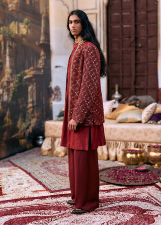 Maroon rajang sherwani set