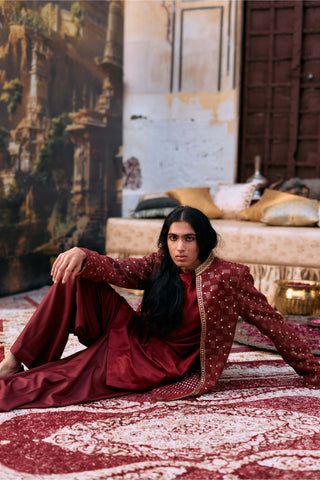 Maroon rajang sherwani set