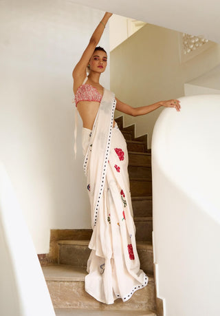 White Cotton Gauze Sari And Blouse by The Little Black Bow available on Indiaspopup