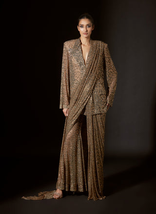 Brown fierce feline concept sari and blazer set