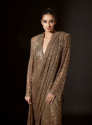 Brown fierce feline concept sari and blazer set