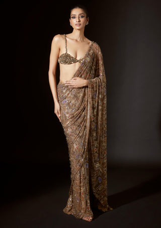 Ancient Glyphs Gold Crystal Stitched Sari And Blouse by Itrh, available on Indiaspopup.com