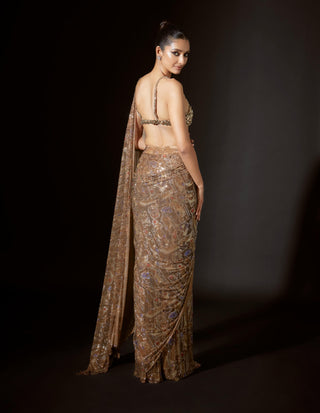 Ancient Glyphs Gold Crystal Stitched Sari And Blouse by Itrh, available on Indiaspopup.com