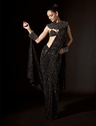 Black hieroglyphic whimsy sari set