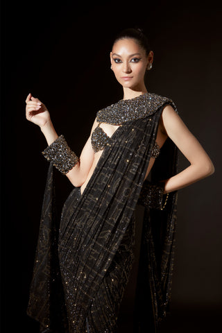 Black hieroglyphic whimsy sari set