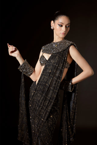 Black hieroglyphic whimsy sari set