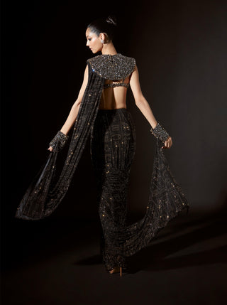 Black hieroglyphic whimsy sari set