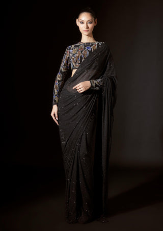 Aziza Black Crystal Stitched Sari And Blouse by Itrh, available on Indiaspopup.com