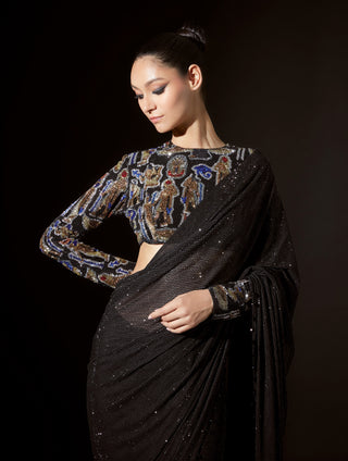 Aziza Black Crystal Stitched Sari And Blouse by Itrh, available on Indiaspopup.com