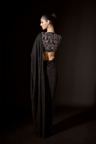 Aziza Black Crystal Stitched Sari And Blouse by Itrh, available on Indiaspopup.com