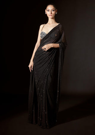 Layla Black Crystal Stitched Sari And Blouse by Itrh, available on Indiaspopup.com