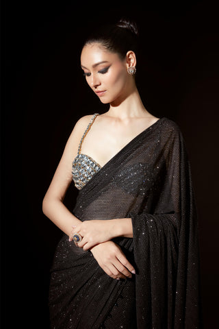 Layla Black Crystal Stitched Sari And Blouse by Itrh, available on Indiaspopup.com