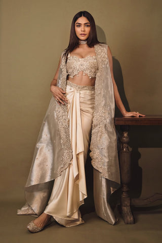 Champagne gold drape satin skirt and cape set