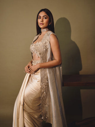 Champagne gold drape satin skirt and cape set
