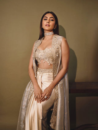 Champagne gold drape satin skirt and cape set