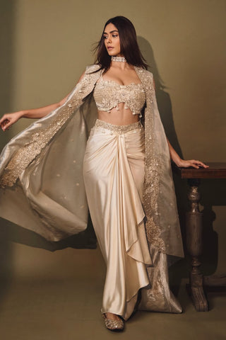 Champagne gold drape satin skirt and cape set