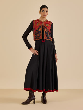 Black and burgundy apsara layered dress and jacket